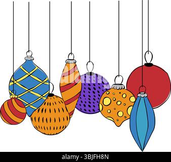 Christmas toys glass baubles composition isolated. Vector graphic line ink illustration. design for fashion graphics, textile prints, fabrics, wallpap Stock Vector