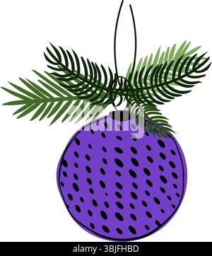 Christmas tree branch decorated with toy ball composition isolated. Vector graphic line ink illustration. design for fashion graphics, textile prints, Stock Vector