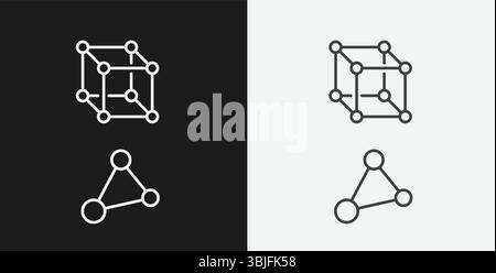 Crystal Lattice Cube and Molecular Triangle on Black and White Backgrounds, Representing Materials Science or Chemistry, White Outline Icons Stock Vector