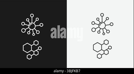 Nanoparticle and Molecular Structures on Black and White Backgrounds, Representing Science or Technology, White Outline Icons Stock Vector