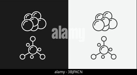 Cluster of Bubbles and Molecular Structure on Black and White Backgrounds, Representing Chemistry or Science, White Outline Icons Stock Vector