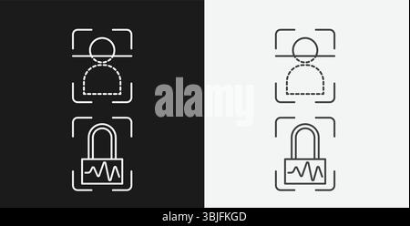 User Head Scan and Lock with Heartbeat Line on Black and White Backgrounds, Representing Biometric Facial Recognition Security Stock Vector