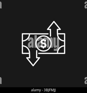 Dollar Bill with Up and Down Arrows on Black Background, Representing Money Transfer or Financial Exchange, White Outline Icon Stock Vector