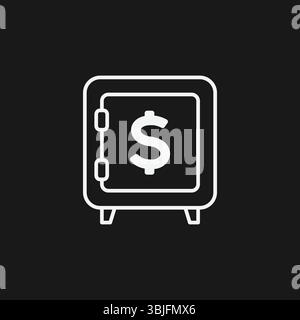 Money Safe or Vault with Dollar Sign on Black Background, Representing Security or Financial Savings, White Outline Icon Stock Vector