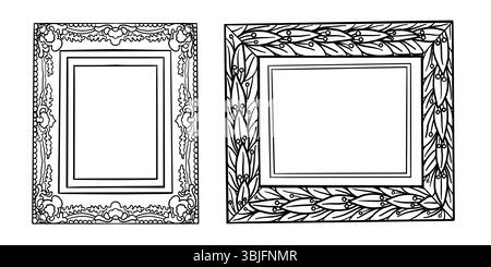 Picture frames line set in hand drawn style. Sketch style highly detailed rectangular outline frames. Vintage retro wall decoration. Victorian vector Stock Vector