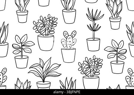 Houseplants plant in pots line seamless pattern. Indoor exotic flowers with stems and leaves. Monstera, ficus, pothos, yucca, dracaena, cacti for home Stock Vector