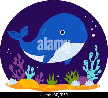 Cute Blue Whale with algae and coral on seabed on dark blue background. Vector illustration. Kids collection in a flat style Stock Vector