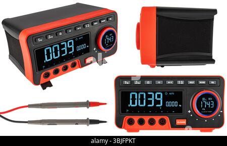 Professional multimeter with dial and measurement function. On white background. Used by electricians to check circuits and voltages. Stock Photo