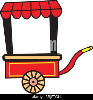 A colorful illustration of a red and yellow market cart with a striped awning on a white background Stock Vector