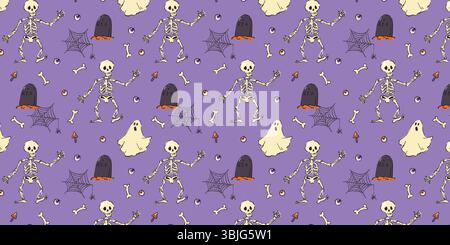 Seamless Halloween pattern featuring dancing skeletons, spooky ghosts, tombstones, spiderwebs, eyeballs, mushrooms, and bones on a purple background. Stock Vector