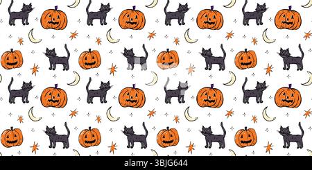 Fun and spooky seamless Halloween pattern featuring hand-drawn black cats, carved pumpkins, stars, and crescent moons on a white background. Stock Vector