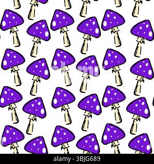 Hand-drawn seamless pattern featuring spooky purple mushrooms with white spots on a white background. Stock Vector