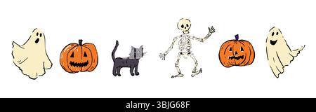 Hand-drawn cartoon-style clipart set featuring classic Halloween elements two cute ghosts, two jack-o -lantern pumpkins, a black cat, and a dancing Stock Vector