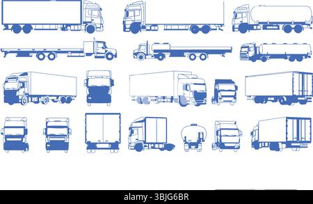 Truck and Trailer Outline Vector Set for Transportation and Logistics Stock Vector