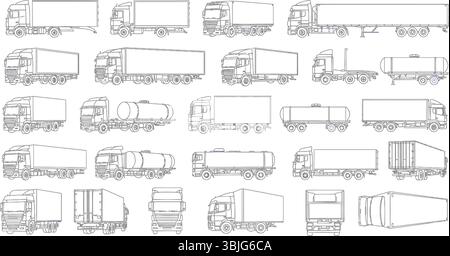 Truck and Trailer Outline Vector Set for Transportation and Logistics Stock Vector
