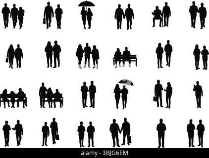 Vector Collection of People Silhouettes: Individuals, Couples, and Groups in Urban Scenes Stock Vector