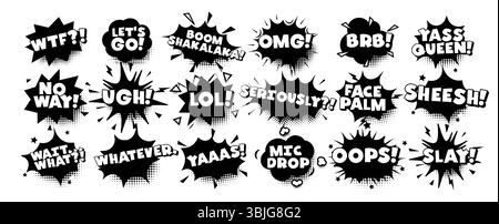 Comic meme speech bubbles with viral slang and emotional expressions in bold monochrome retro pop style. Ideal for humor, internet reactions, quotes Stock Vector