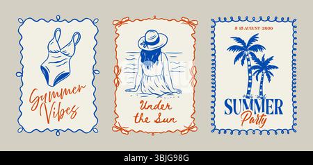 Summer Postcard Vintage Beach Whimsical Doodle Poster Set Sketch Travel Vector Sea Vacation Woman Swimsuit And Palm Trees Stock Vector