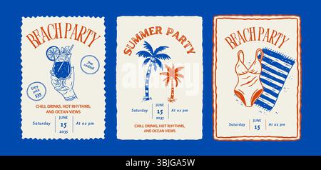 Summer Postcard Vintage Beach Whimsical Doodle Poster Set Sketch Travel Vector Sea Vacation Cocktail Drink Palm Trees And Swimsuit Stock Vector