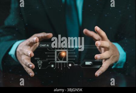 Step into the realm of advanced technology as two hands protection of AI. Artificial Intelligence AI and machine learning enhance personalized learnin Stock Photo