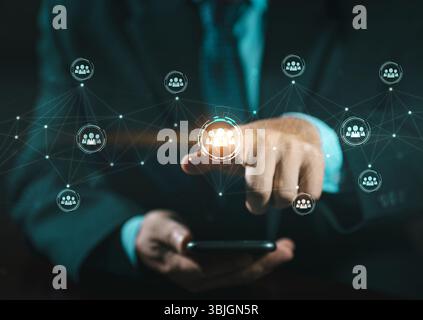 Human resources (HR) management, recruitment, employment, and headhunting concept. Social network interface businessman touch button sign. Human resou Stock Photo