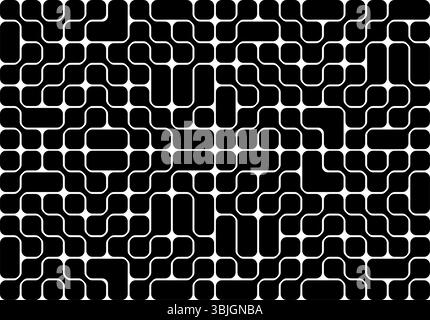 Circuit pattern. Black metaballs or connected rounded square shapes isolated on white background. Organic blobs, neurons or molecules texture. Modern abstract print. Vector graphic illustration. Stock Vector