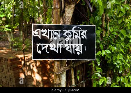 Bengali sign reading “Crocodiles can be seen here” warns visitors near a pond in Bagherhat, Bangladesh. Stock Photo