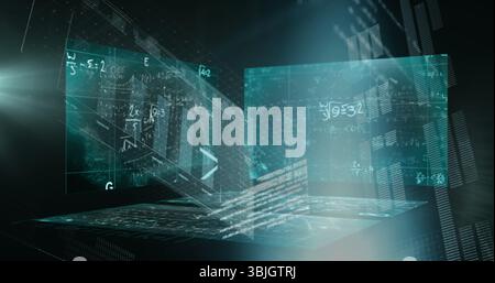 Holographic interface displaying floating screens in virtual data space, with equations and code Stock Photo
