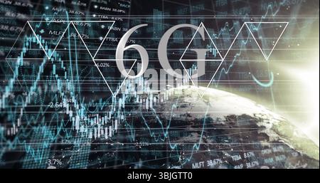 Displaying large 6G label over illuminated globe in data dashboard, with candlestick charts Stock Photo
