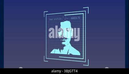 Floating holographic UI showing face in virtual space, with grid and labeling User profile 00023 Stock Photo