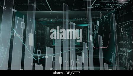 Displaying floating translucent 3D bar chart cluster in data room, with grid ceiling lights Stock Photo