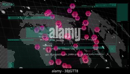 Displaying dotted world map on virtual console, with green panels, terminal text, magenta hex nodes Stock Photo