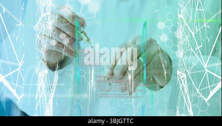Scientist in lab coat dispensing green liquid with pipette over test tubes in lab, with holograms Stock Photo