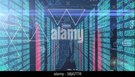 Displaying central corridor glowing with vertical data panels in data center, numeric code streams Stock Photo