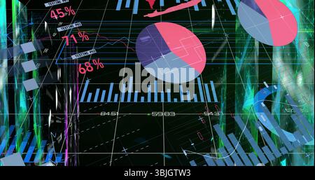 Displaying pie chart splitting magenta segments on dark grid, with neon pillars and percent labels Stock Photo