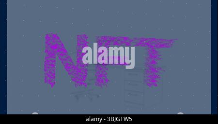 Displaying purple NFT letters on muted blue backdrop, with ghosted office chair and cabinet shadows Stock Photo