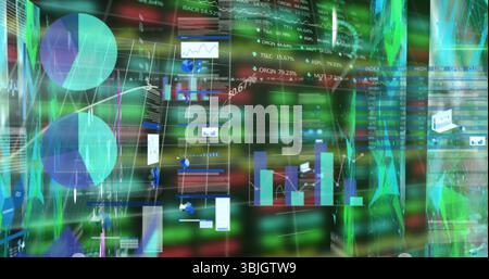 Data visualization dashboard displaying pie charts, bar and line charts and numeric readout Stock Photo