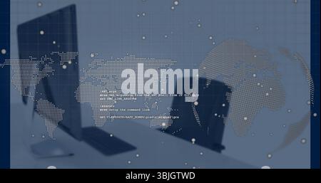 Displaying closed laptop and monitor on desk in office, with floating code and world map overlays Stock Photo