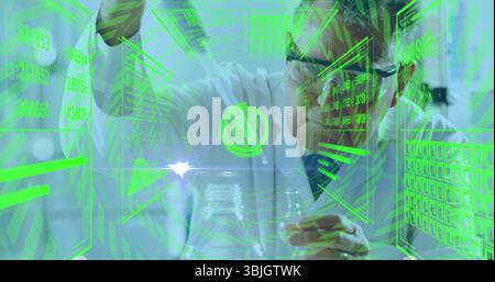 Scientist wearing lab coat, goggles conducting experiment in lab with holographic panels, glassware Stock Photo