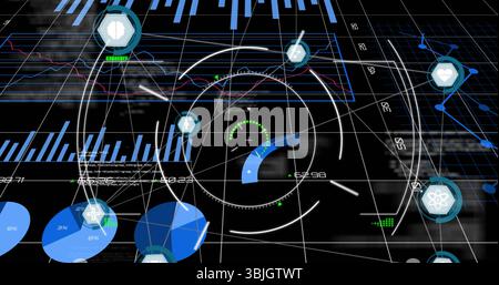 Showing central circular HUD gauge presenting real-time data in grid interface, with charts  and  ic Stock Photo