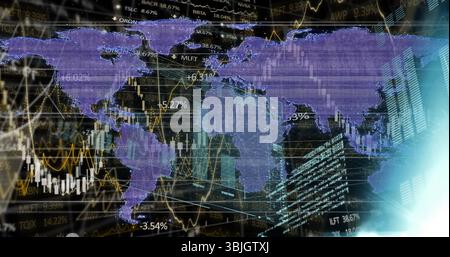 Displaying purple world map overlaying dashboard, showing candlesticks graphs percentages cyan glow Stock Photo