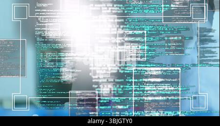 Showing blurred man wearing collared shirt in office, with code overlay and highlight boxes Stock Photo