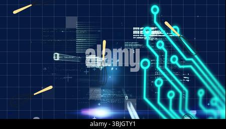 Floating wire whisks drifting over blue grid streaming code strings along turquoise circuit traces Stock Photo