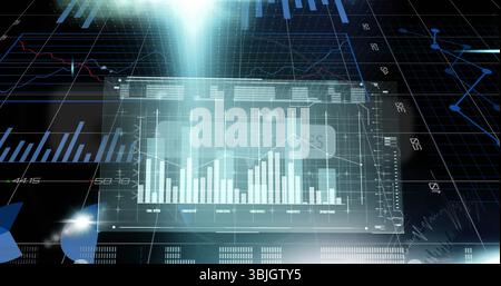 Displaying holographic data panel floating in digital space, with vertical bar chart and light beam Stock Photo