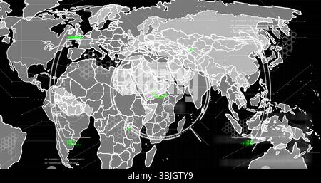 Displaying world map on interface with white outlines, hex radar grid, code lines, green zones Stock Photo
