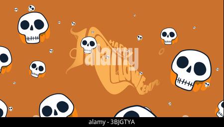 White cartoon skull icons floating on solid orange canvas, featuring Happy Halloween banner Stock Photo