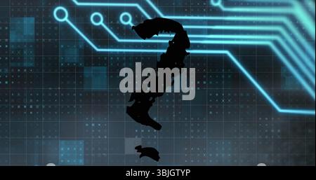 Displaying black silhouette of Japanese islands forming question mark on blue grid, cyan circuit Stock Photo