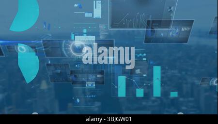 Displaying translucent digital panels floating above city skyline, with pie charts and bar graphs Stock Photo