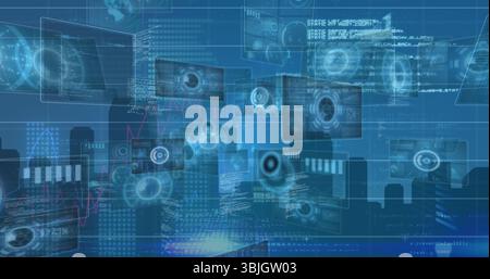 Displaying floating digital panels over blue city skyline, with scanning icons and code snippets Stock Photo
