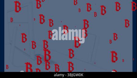 Streaming red Bitcoin symbols over laptop and smartphone outlines in digital space, currency flow Stock Photo